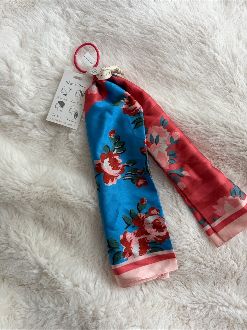 Anthropologie Blue and Red Floral Silk Scarf Hair Tie